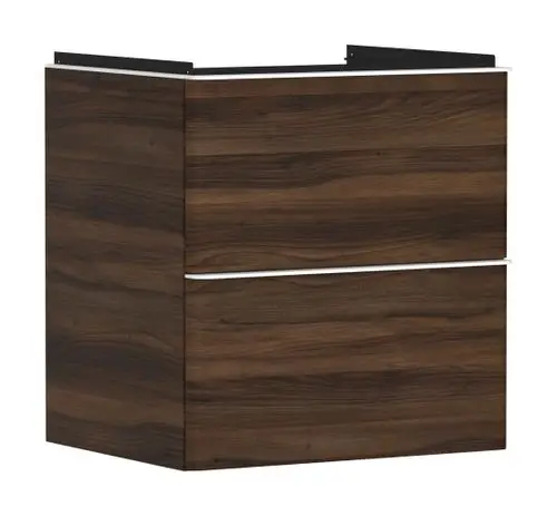 Waschtischunterschrank in dunkler Holzoptik mit zwei Schubkästen, hergestellt von Hansgrohe. Eignet sich zur Kombination mit einem Waschtisch.
